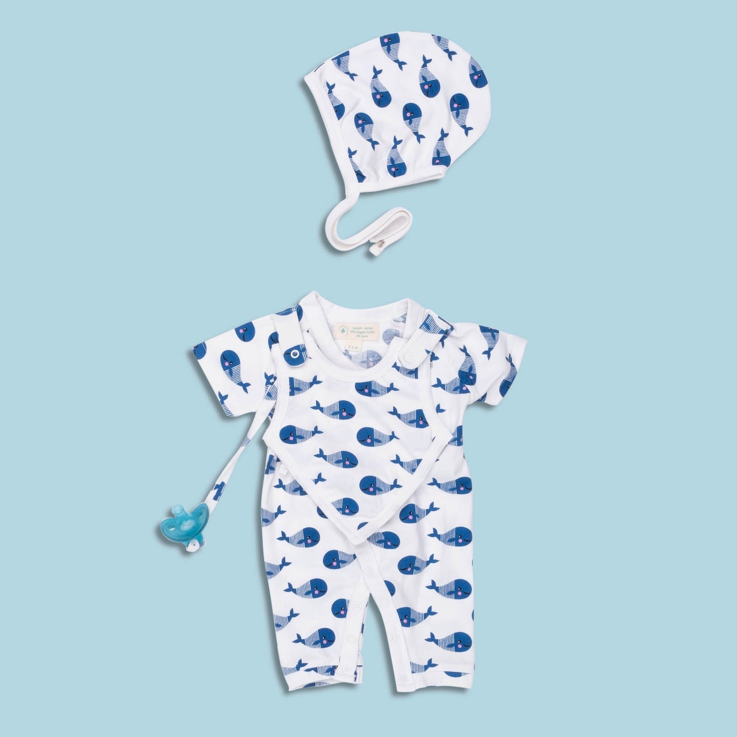 Smart Short Sleeve Kimono Romper + Bib - Blue Whale - GOTS certified