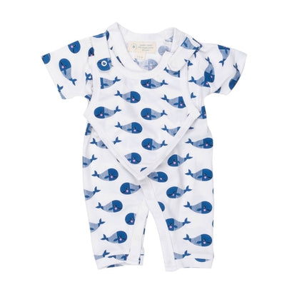 Smart Short Sleeve Kimono Romper + Bib - Blue Whale - GOTS certified