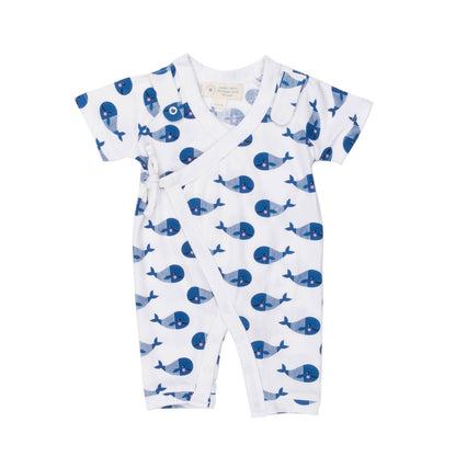 Smart Short Sleeve Kimono Romper + Bib - Blue Whale - GOTS certified