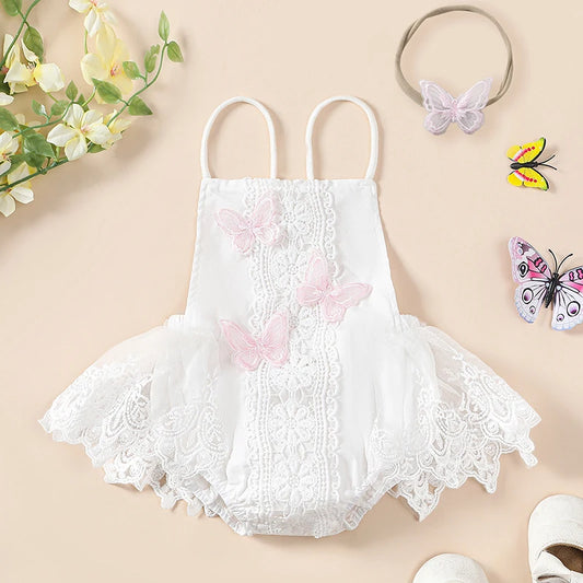 Tulle Patchwork Butterfly Romper Dress with Hairband Set