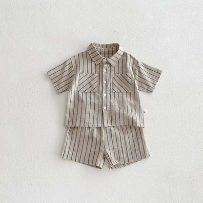 Boys Retro Striped Short Sleeve Shirt+Shorts Set