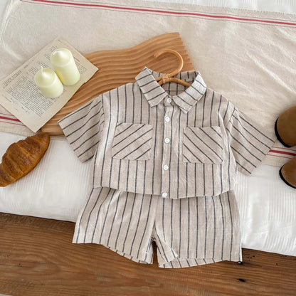 Boys Retro Striped Short Sleeve Shirt+Shorts Set