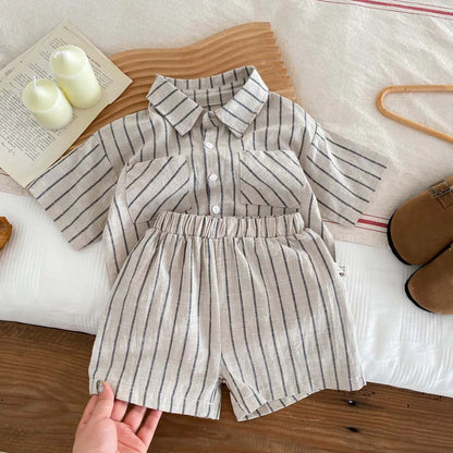 Boys Retro Striped Short Sleeve Shirt+Shorts Set