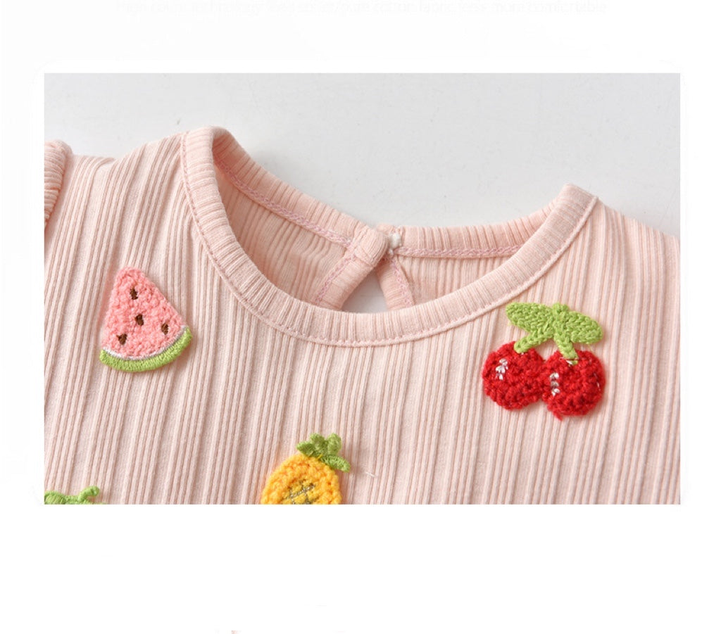 Baby Girls Fruit Embroidered Graphic Lace Sleeve Onesies & Headband